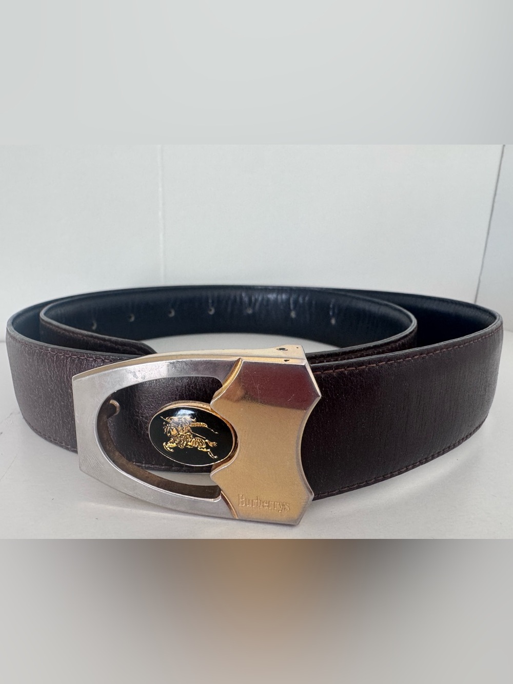 Authentic Burberrys Brown Leather Belt Vintage Two-Tone Metal Equestrian Buckle